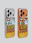 Two phone cases with 'The Beatles Yellow Submarine' design on a gray background